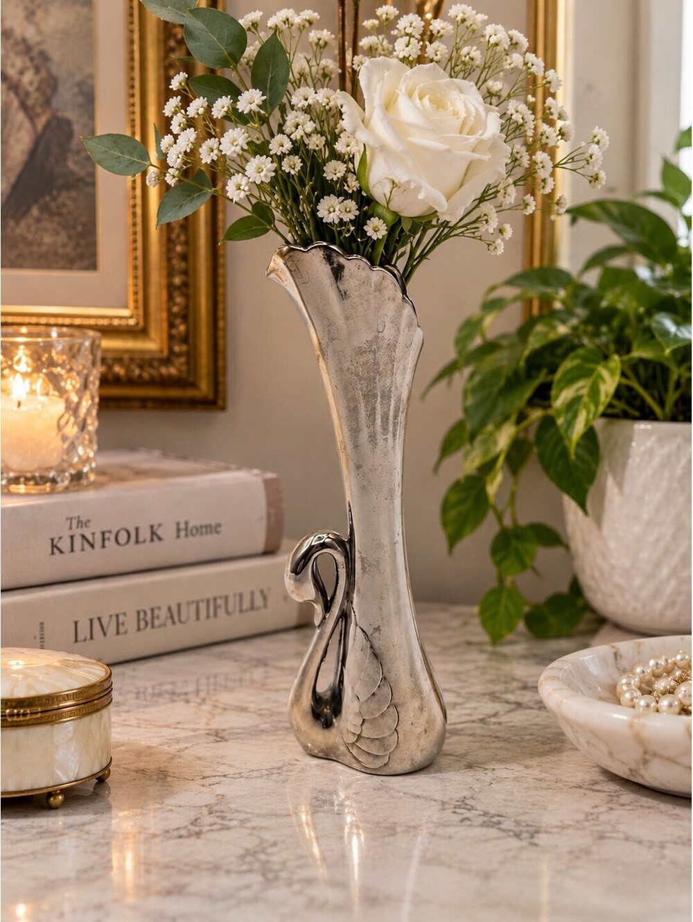Vintage Silver Plated Swan Bud Vase 7" Tall Scalloped Trumpet Floral Vase